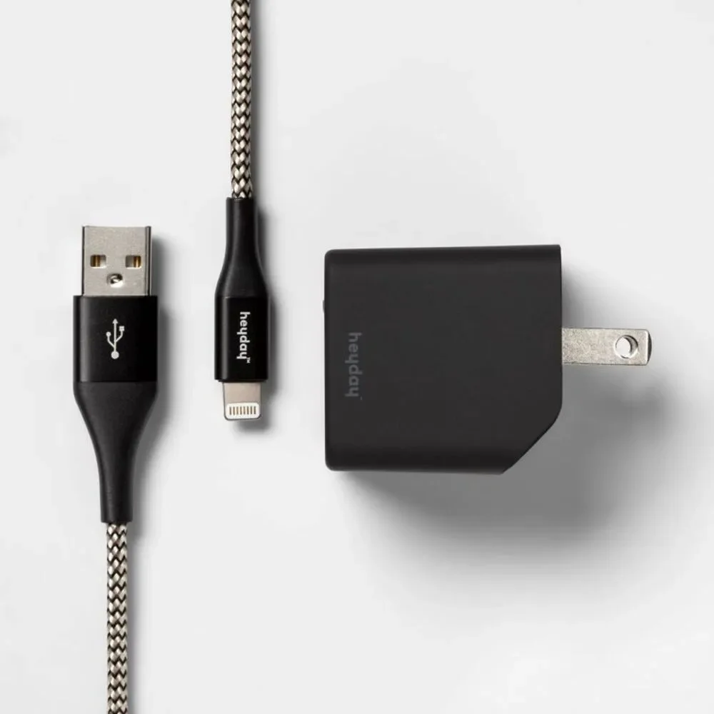 Open Box - Heyday - 2-Port Wall Charger USB-C & 5W USB-A 6' Black/Gold